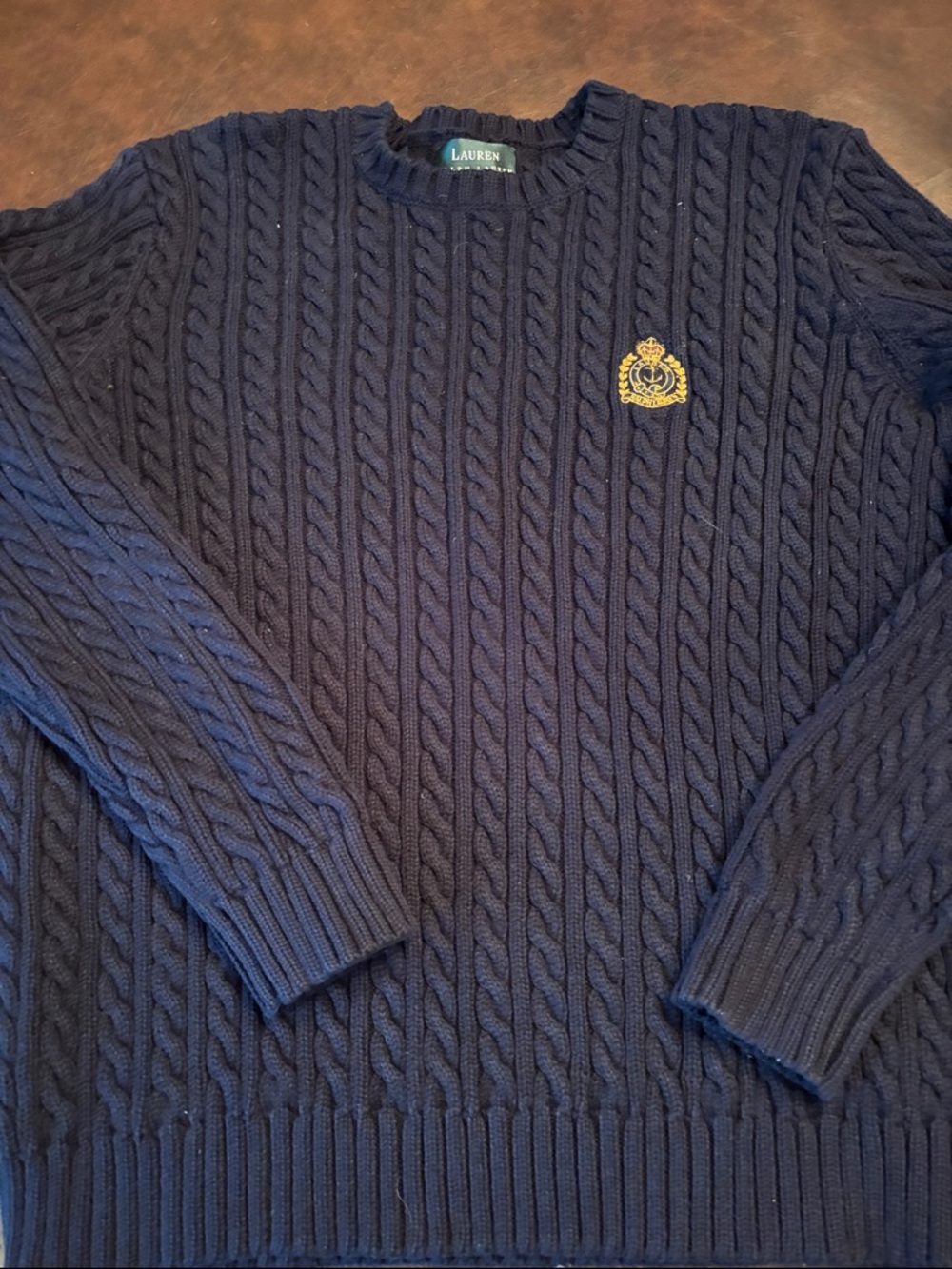 Ralph Lauren Navy Cable-Knit Crewneck Sweater with Gold Crest